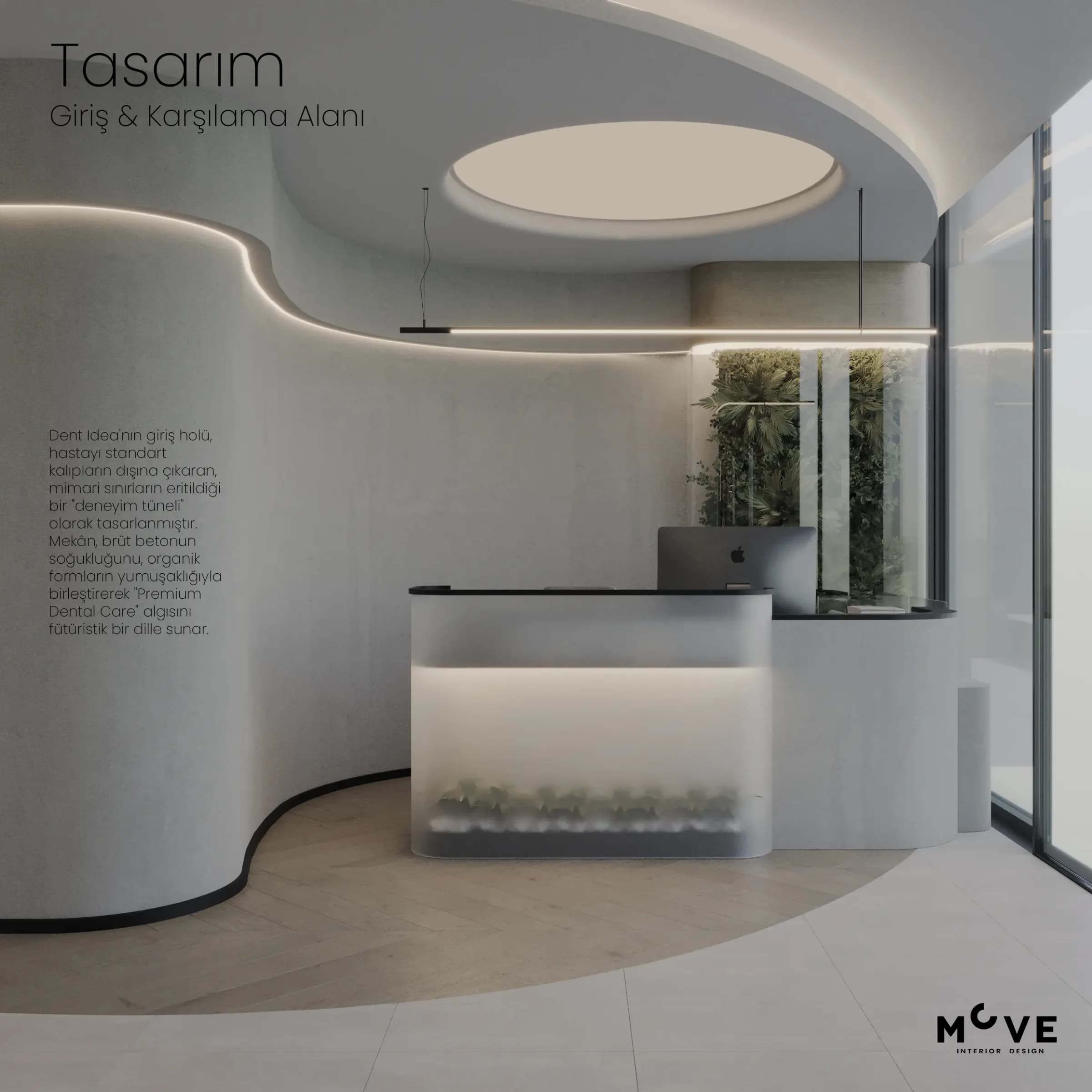 Ankara Çankaya Rota İncek Dr. Bülent Uludağ Diş Kliniği modern klinik giriş ve karşılama alanı iç tasarımı