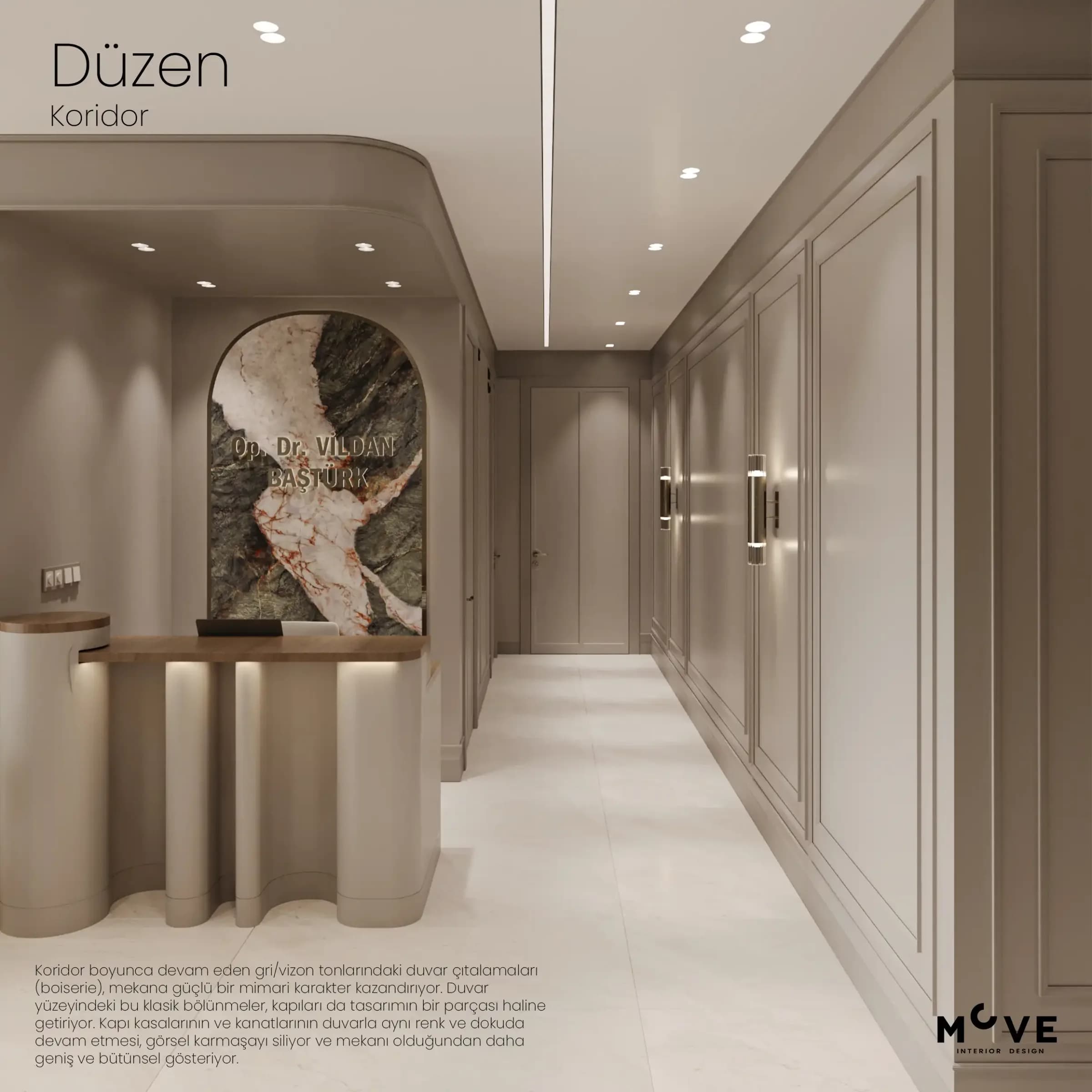Ankara Cubes Dr. Vildan Baştürk KBB Kliniği modern klasik koridor düzen iç tasarımı