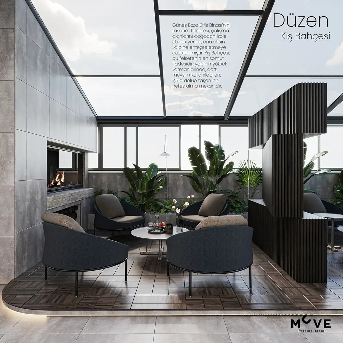 Ankara İncek Güneş Ecza Ofis Binası modern biyofilik kış bahçesi iç tasarımı